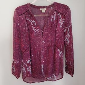 Lucky Brand Sheer Paisley Print Button Down Blouse Size XS